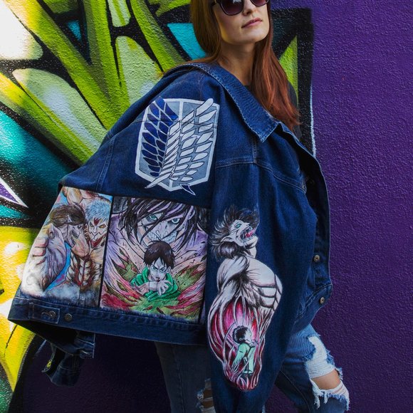 Vintage Denim Jacket Attack on Titan Man's XL Size Hand Painted Art - Picture 2 of 6